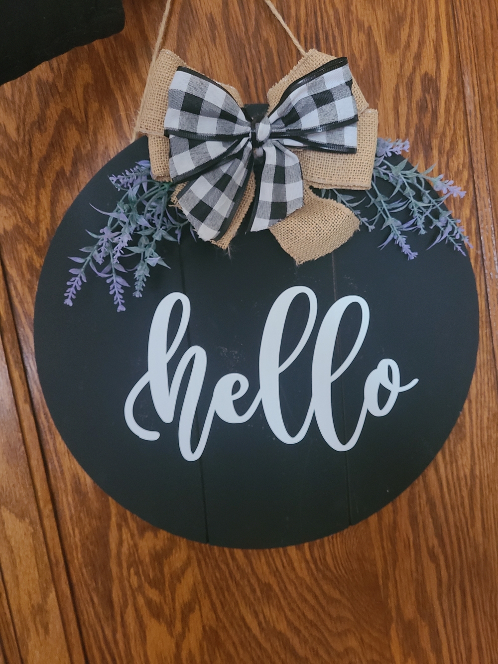 Hello Round Door Sign with Buffalo Check Bow - Black & White